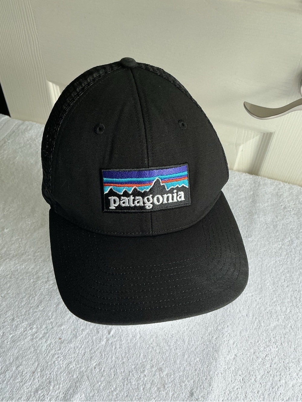 Patagonia Black Hat with Blue and Purple Logo